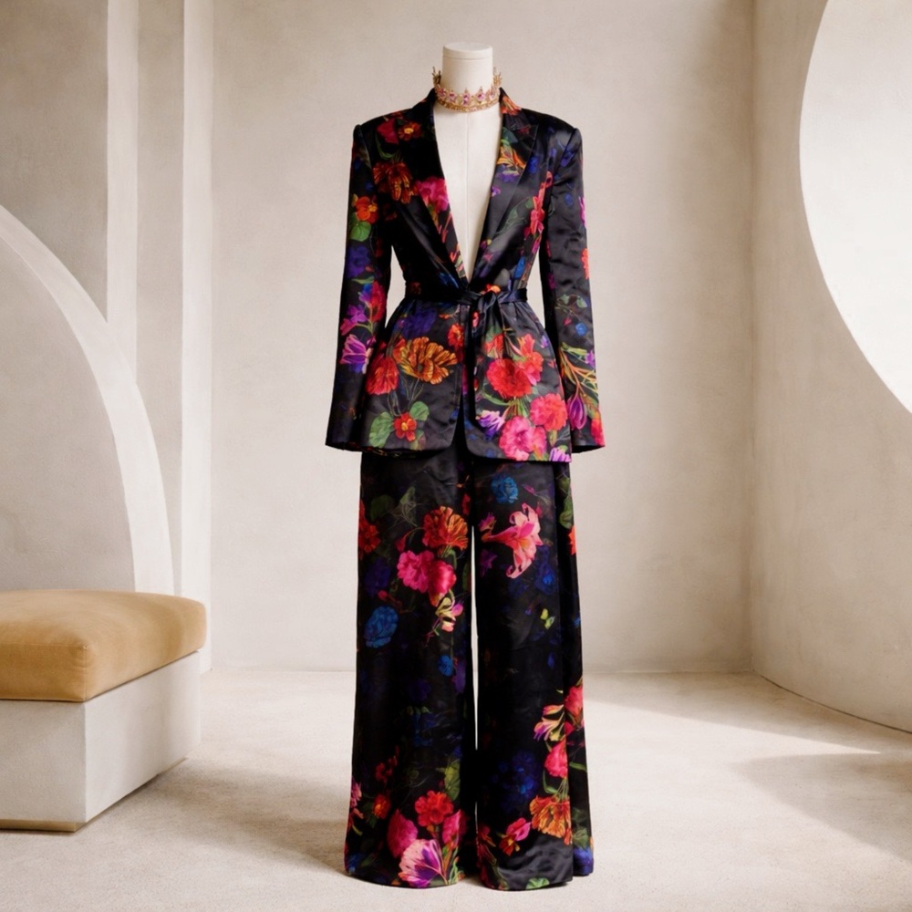 INC International Concepts Black Satin Floral Blazer with Pink Accents